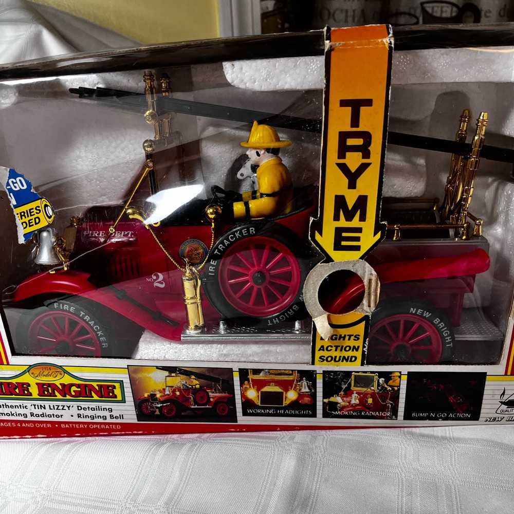 Vintage New Bright 1914 Model T Fire Truck Toy, Battery Operated